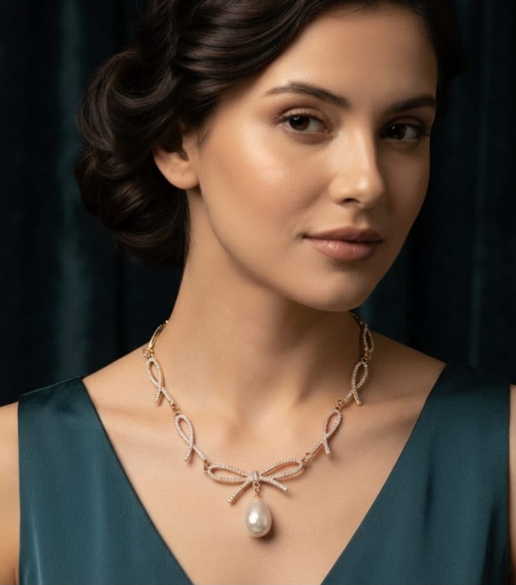 Bow Ribbon Pearl Necklace